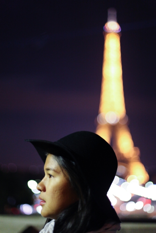 Rachel and the tower, lit up.